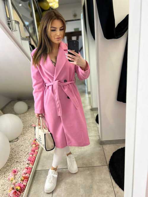 NB215 Elegancki Płaszcz Wiosenny z paskiem Różowy