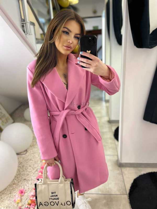 NB215 Elegancki Płaszcz Wiosenny z paskiem Różowy