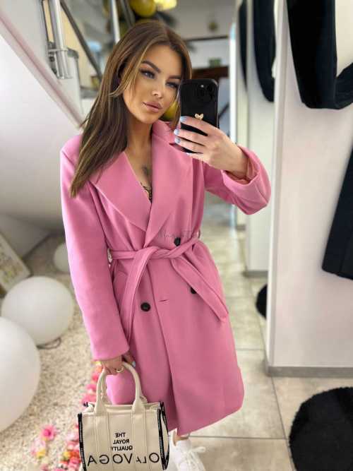 NB215 Elegancki Płaszcz Wiosenny z paskiem Różowy