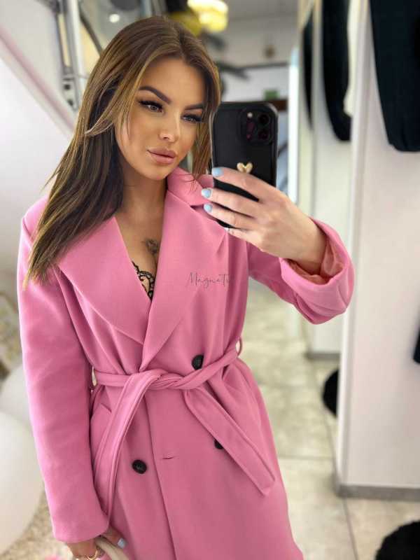 NB215 Elegancki Płaszcz Wiosenny z paskiem Różowy
