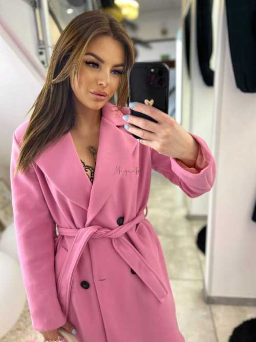 NB215 Elegancki Płaszcz Wiosenny z paskiem Różowy