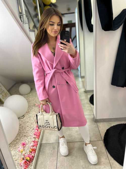 NB215 Elegancki Płaszcz Wiosenny z paskiem Różowy
