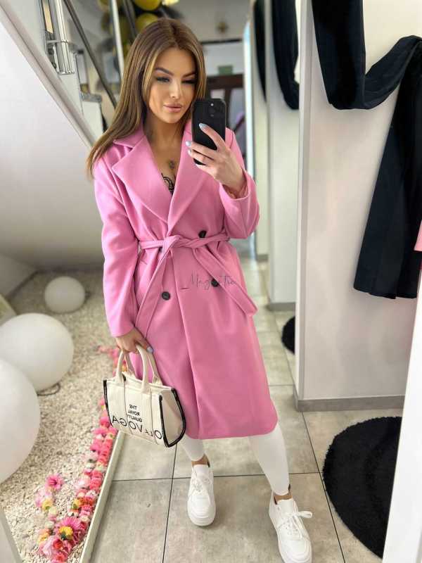 NB215 Elegancki Płaszcz Wiosenny z paskiem Różowy