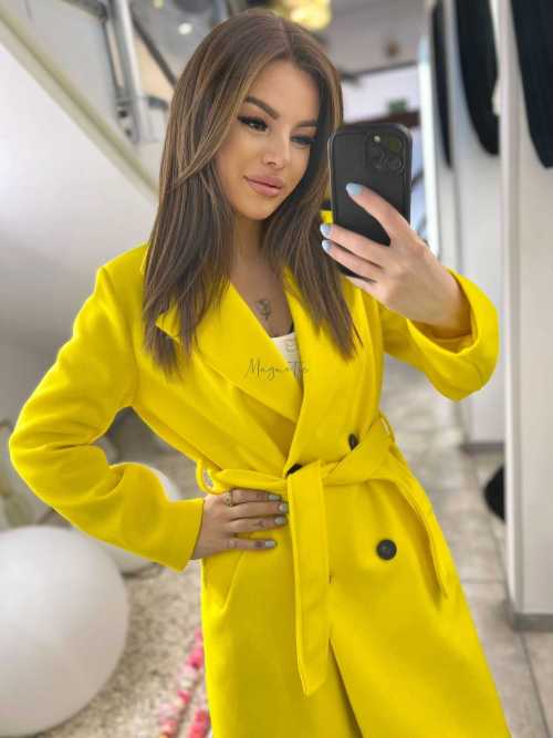NB215 Elegancki Płaszcz Wiosenny z paskiem Żółty