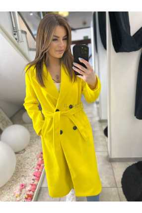 NB215 Elegancki Płaszcz Wiosenny z paskiem Żółty