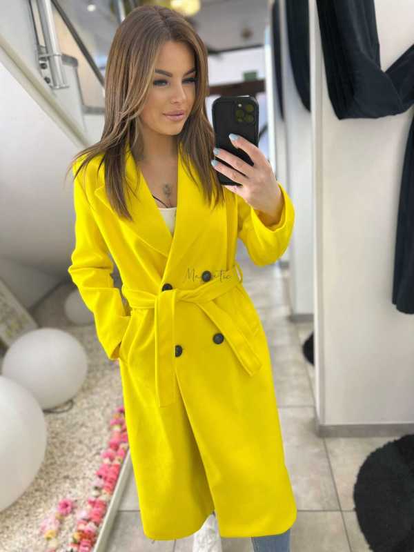 NB215 Elegancki Płaszcz Wiosenny z paskiem Żółty