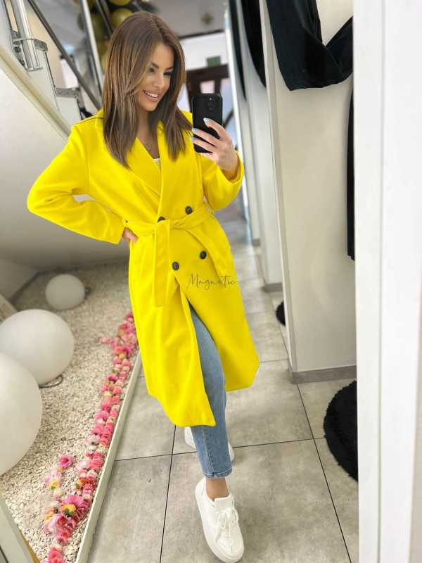 NB215 Elegancki Płaszcz Wiosenny z paskiem Żółty