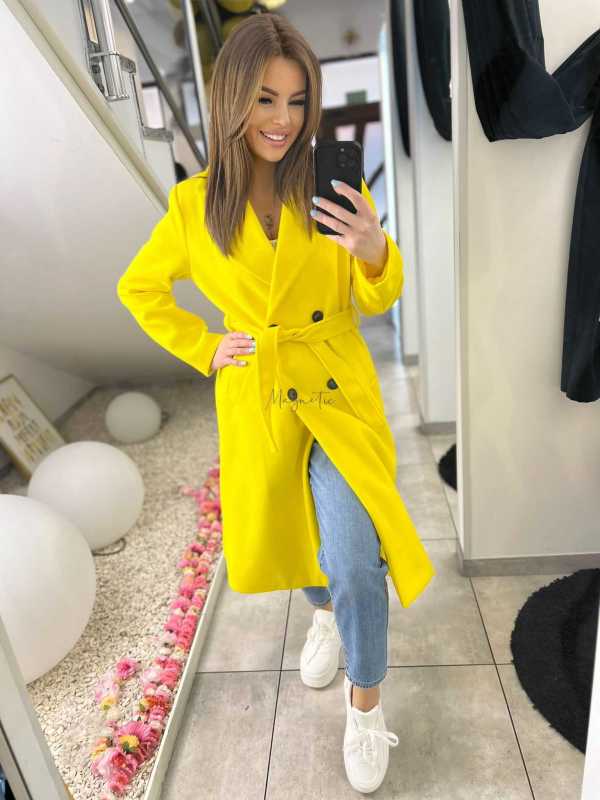 NB215 Elegancki Płaszcz Wiosenny z paskiem Żółty