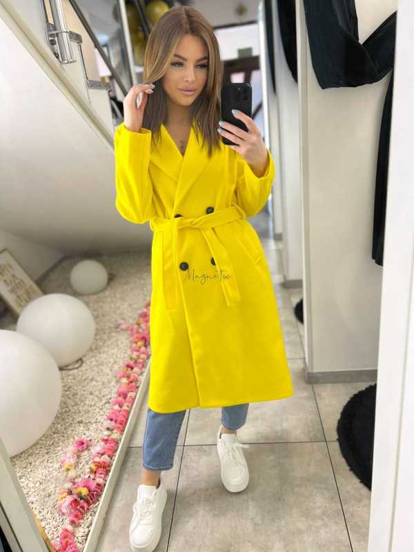 NB215 Elegancki Płaszcz Wiosenny z paskiem Żółty