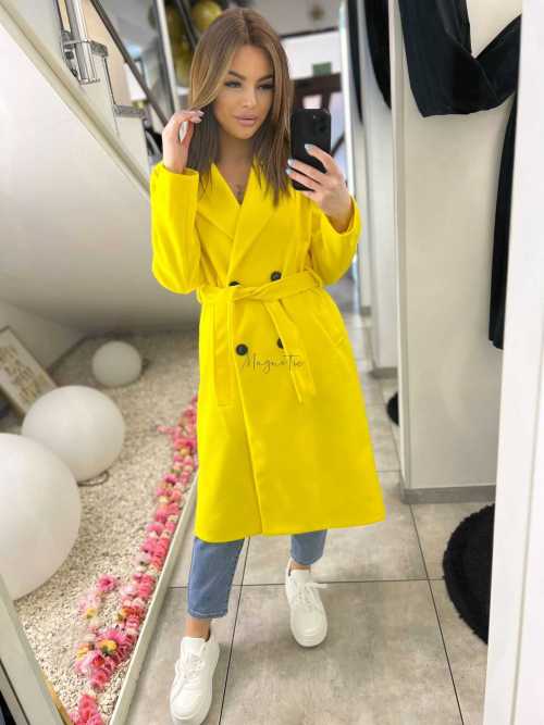 NB215 Elegancki Płaszcz Wiosenny z paskiem Żółty