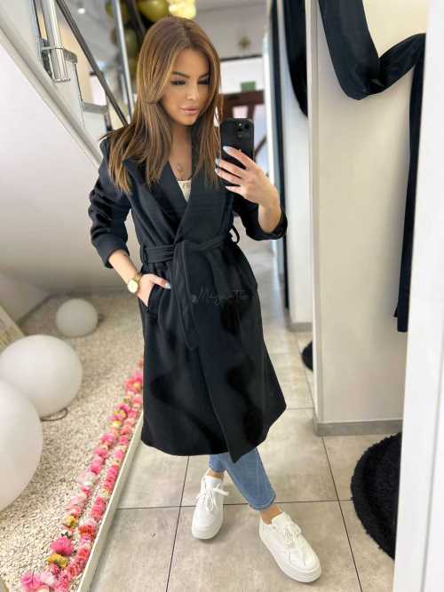 NB215 Elegancki Płaszcz wiosenny z paskiem Czarny