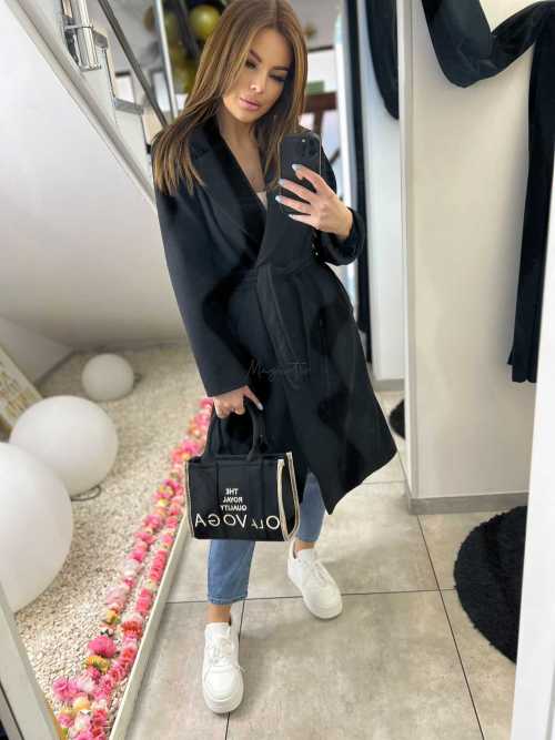 NB215 Elegancki Płaszcz wiosenny z paskiem Czarny