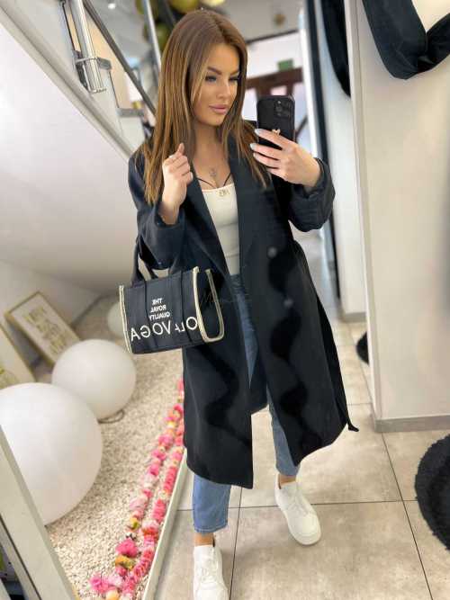 NB215 Elegancki Płaszcz wiosenny z paskiem Czarny