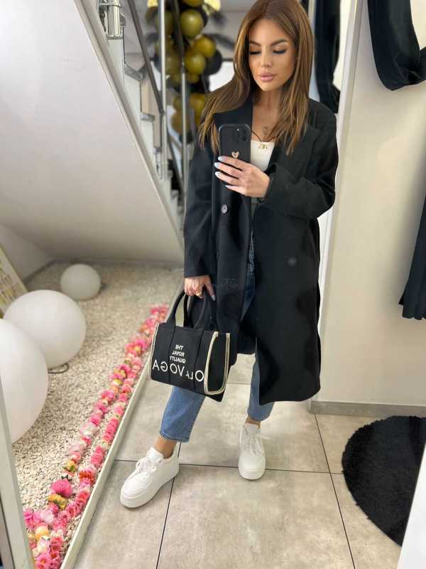 NB215 Elegancki Płaszcz wiosenny z paskiem Czarny