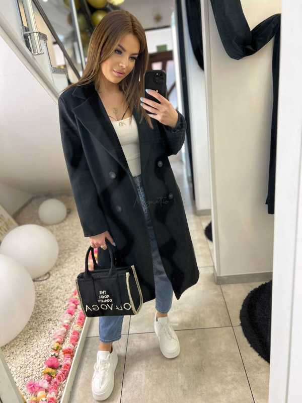 NB215 Elegancki Płaszcz wiosenny z paskiem Czarny