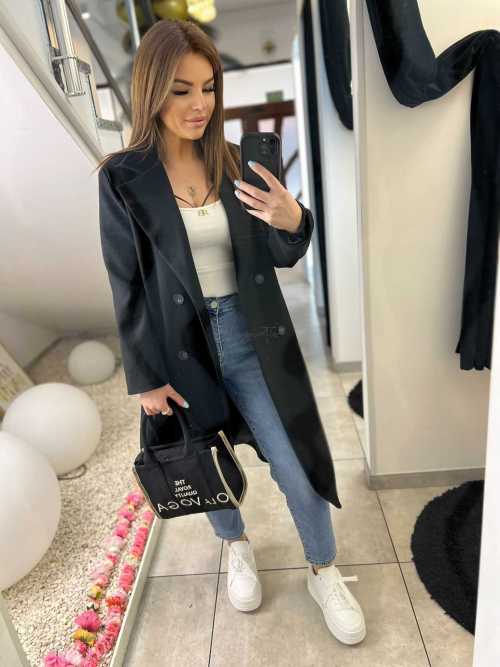 NB215 Elegancki Płaszcz wiosenny z paskiem Czarny