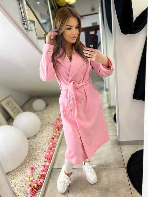 NB216 Elegancki Płaszcz Wiosenny z paskiem Złote Guziki Różowy