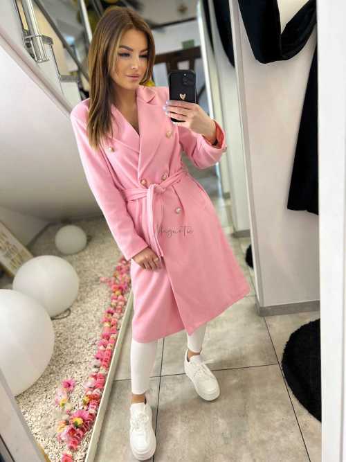 NB216 Elegancki Płaszcz Wiosenny z paskiem Złote Guziki Różowy