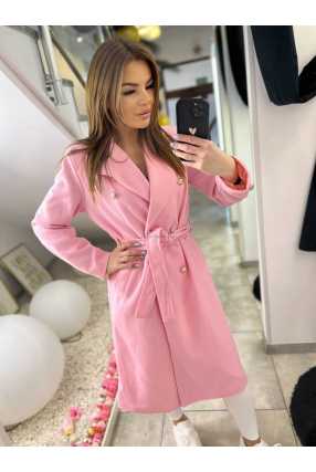 NB216 Elegancki Płaszcz Wiosenny z paskiem Złote Guziki Różowy