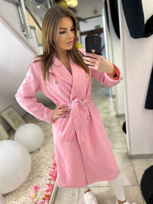 NB216 Elegancki Płaszcz Wiosenny z paskiem Złote Guziki Różowy