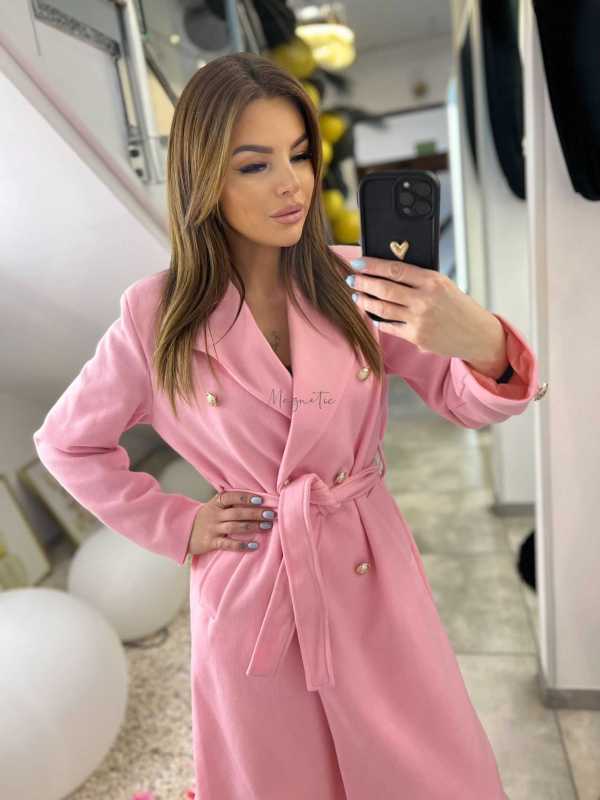 NB216 Elegancki Płaszcz Wiosenny z paskiem Złote Guziki Różowy