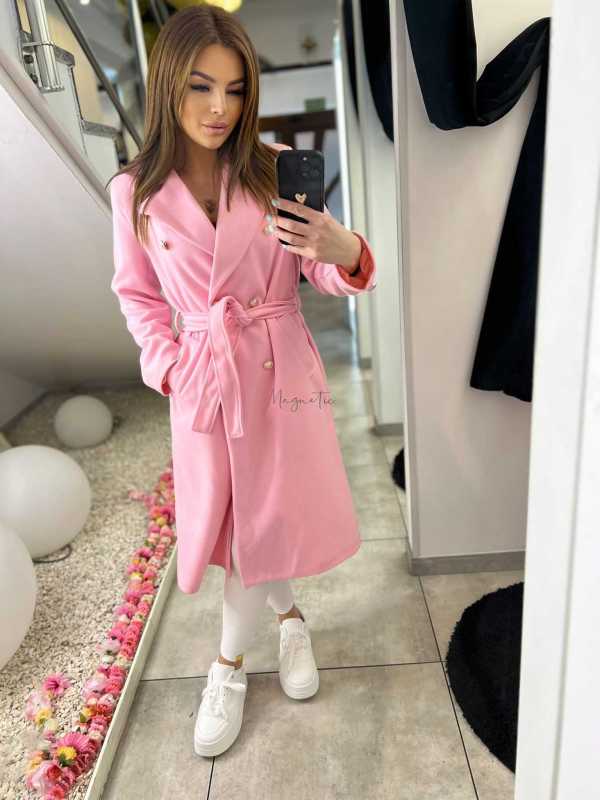 NB216 Elegancki Płaszcz Wiosenny z paskiem Złote Guziki Różowy