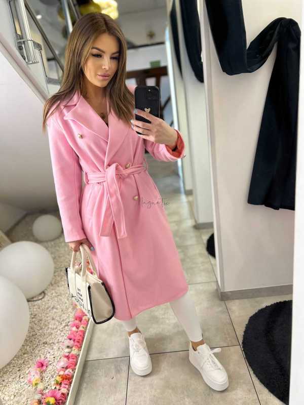 NB216 Elegancki Płaszcz Wiosenny z paskiem Złote Guziki Różowy