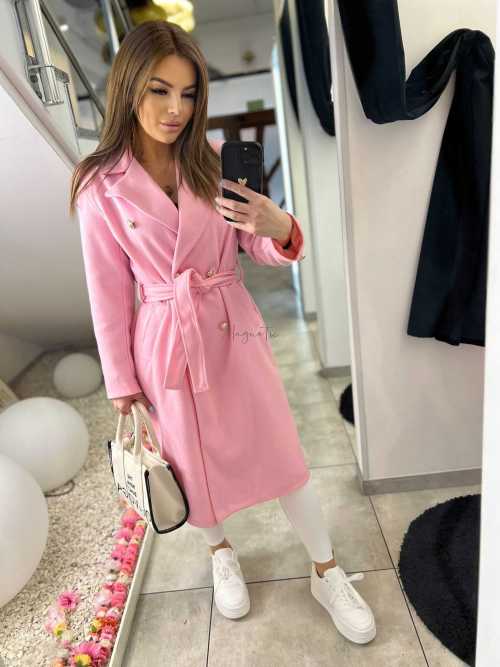 NB216 Elegancki Płaszcz Wiosenny z paskiem Złote Guziki Różowy