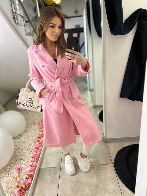 NB216 Elegancki Płaszcz Wiosenny z paskiem Złote Guziki Różowy