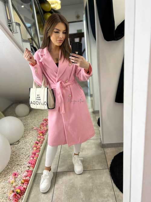 NB216 Elegancki Płaszcz Wiosenny z paskiem Złote Guziki Różowy