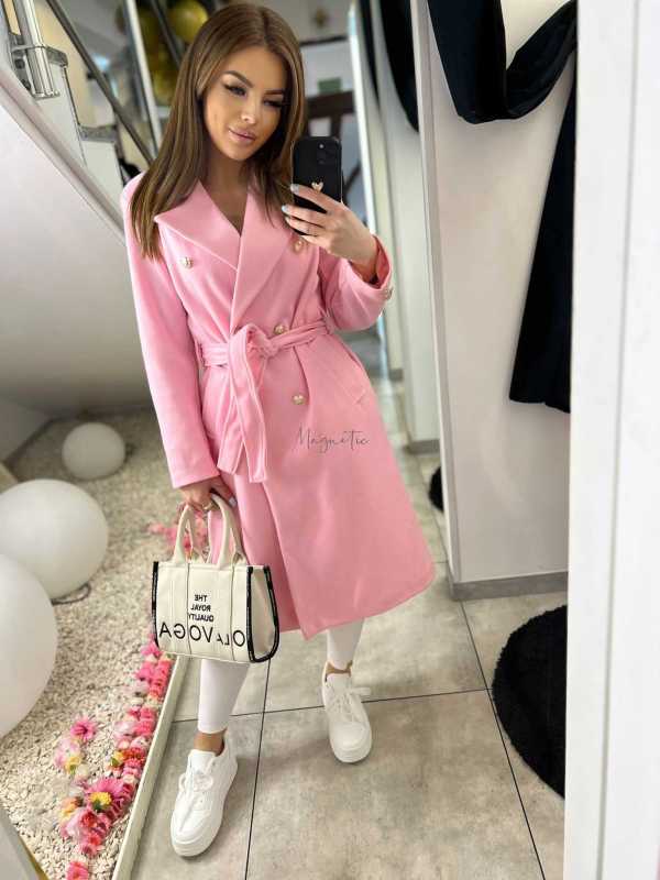 NB216 Elegancki Płaszcz Wiosenny z paskiem Złote Guziki Różowy