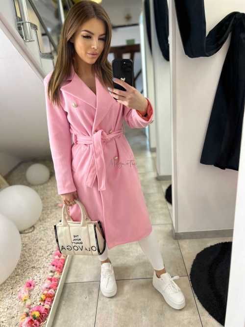 NB216 Elegancki Płaszcz Wiosenny z paskiem Złote Guziki Różowy