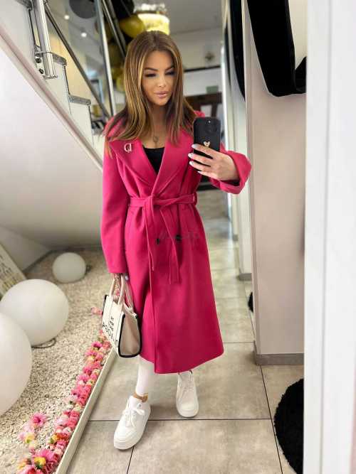 NB213 Elegancki Płaszcz wiosenny z paskiem i Broszką Fuksja
