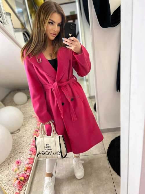 NB213 Elegancki Płaszcz wiosenny z paskiem i Broszką Fuksja