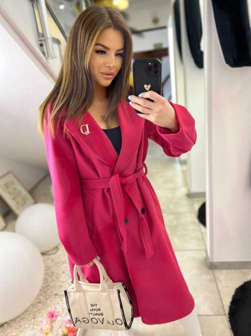 NB213 Elegancki Płaszcz wiosenny z paskiem i Broszką Fuksja