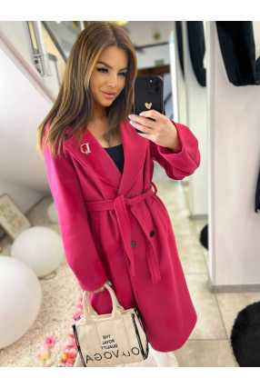 NB213 Elegancki Płaszcz wiosenny z paskiem i Broszką Fuksja