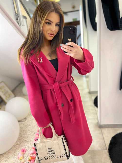 NB213 Elegancki Płaszcz wiosenny z paskiem i Broszką Fuksja