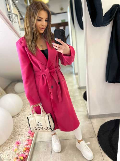 NB213 Elegancki Płaszcz wiosenny z paskiem i Broszką Fuksja