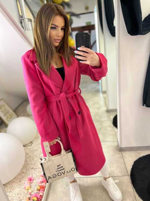 NB213 Elegancki Płaszcz wiosenny z paskiem i Broszką Fuksja
