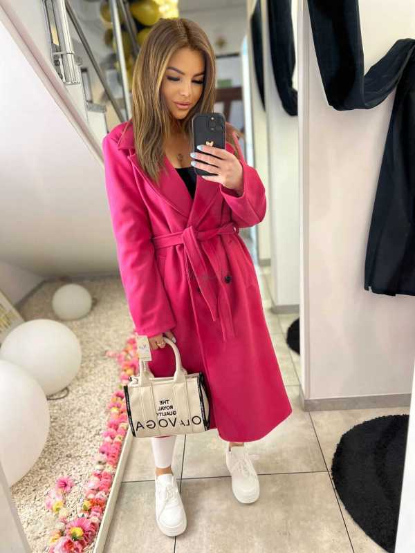NB213 Elegancki Płaszcz wiosenny z paskiem i Broszką Fuksja