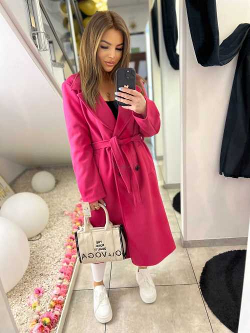 NB213 Elegancki Płaszcz wiosenny z paskiem i Broszką Fuksja