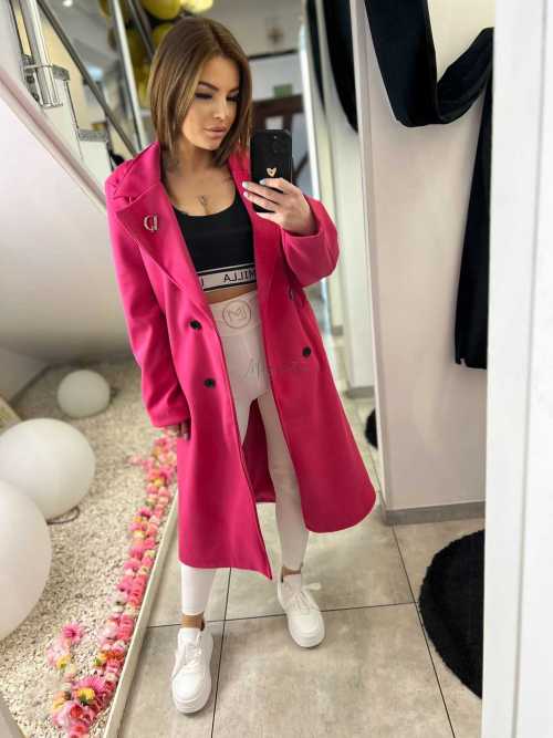 NB213 Elegancki Płaszcz wiosenny z paskiem i Broszką Fuksja