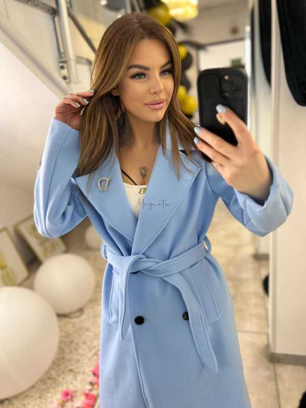 NB213 Elegancki Płaszcz Wiosenny z paskiem i Broszką Niebieski