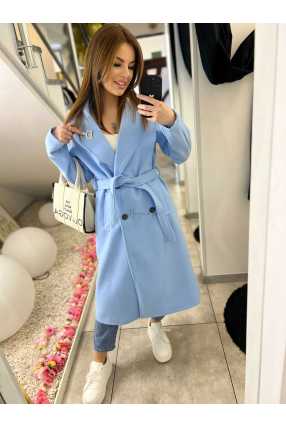 NB213 Elegancki Płaszcz Wiosenny z paskiem i Broszką Niebieski