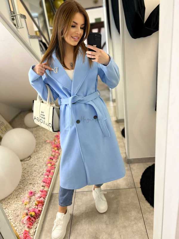 NB213 Elegancki Płaszcz Wiosenny z paskiem i Broszką Niebieski