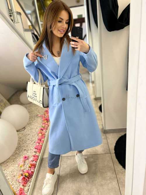 NB213 Elegancki Płaszcz Wiosenny z paskiem i Broszką Niebieski