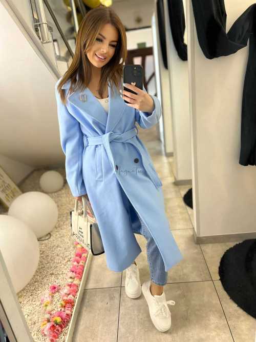 NB213 Elegancki Płaszcz Wiosenny z paskiem i Broszką Niebieski