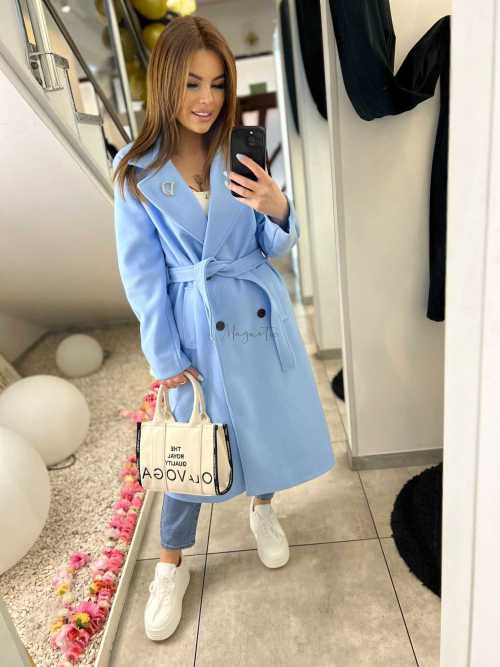 NB213 Elegancki Płaszcz Wiosenny z paskiem i Broszką Niebieski