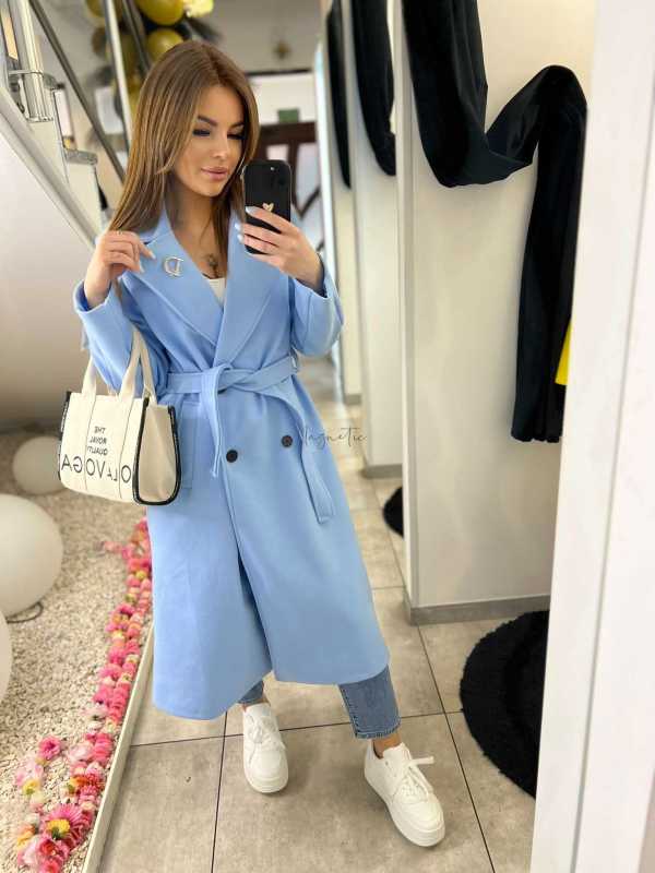 NB213 Elegancki Płaszcz Wiosenny z paskiem i Broszką Niebieski