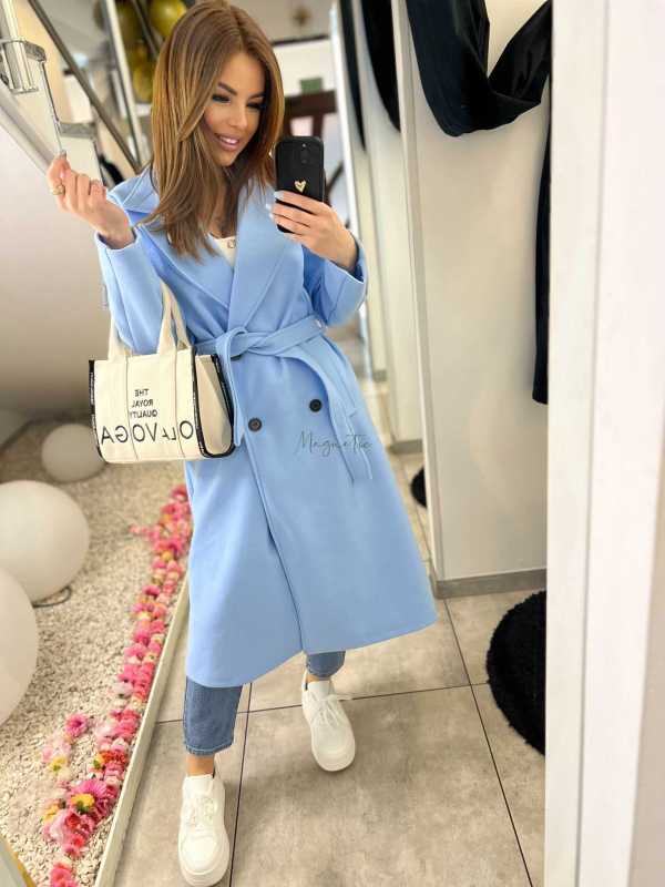 NB213 Elegancki Płaszcz Wiosenny z paskiem i Broszką Niebieski